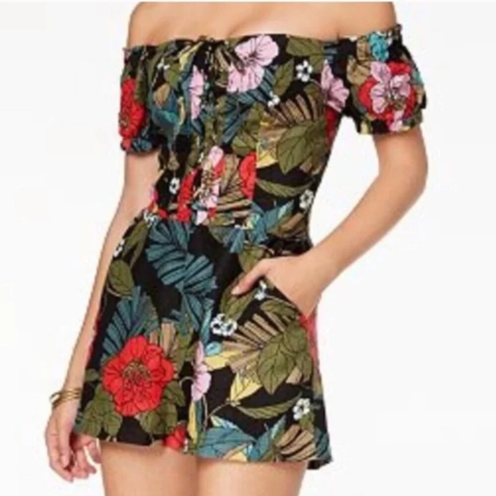 GUESS Floral Off-The-Shoulder Linen Cotton Lace Up Tropical Print Summer Romper